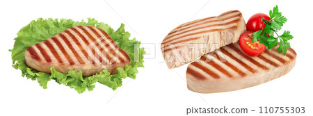Tuna fish steak grilled isolated on white background with full depth of field 110755303