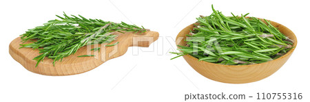 Rosemary twig and leaves on a wooden board isolated on white background Rosemary twig and leaves on a wooden board isolated on white background 110755316