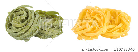 Raw tagliatelle green pasta with spinach isolated on white background 110755346