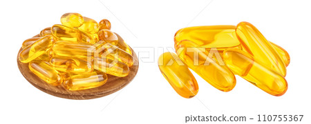 Fish oil capsules in wooden bowl isolated on white background with full depth of field Fish oil capsules in wooden bowl isolated on white background with full depth of field 110755367