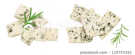 diced Blue cheese with rosemary isolated on white background with full depth of field. Top view. Flat lay. 110755381