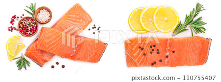 fillet of red fish salmon with lemon and rosemary isolated on white background. Top view. Flat lay fillet of red fish salmon with lemon and rosemary isolated on white background. Top view. Flat lay 110755407