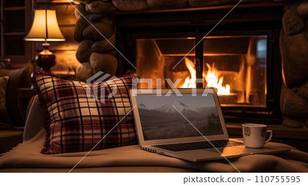 Laptop with a picture of a bonfire screen, indoor near burning fireplace in rustic style, with cozy blanket and cup of coffee. Seasonal remote work, internet, shopping. Laptop with a picture of a bonfire screen, indoor near burning fireplace in rustic style, with cozy blanket and cup of coffee. Seasonal remote work, internet, shopping. 110755595