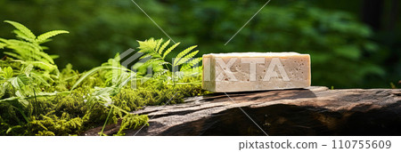 Natural handmade soap on an eco-style forest background, handmade with herbal ingredients with space for text. Hobby soap making, home made. AI generated 110755609
