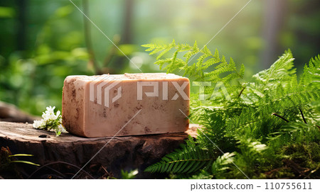 Natural handmade soap on an eco-style forest background, handmade with herbal ingredients with space for text. Hobby soap making, home made. AI generated 110755611