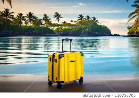 A yellow suitcase on a tropical beach is a trip to the sea in a warm summer climate, a vacation tour. Copy space, mock up, AI generated 110755703
