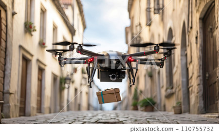 A postal drone carries a box with parcel, flies on a narrow street of an ancient city. Modern technologies, delivery of goods. AI generated 110755732