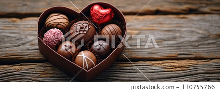 the heart shaped box of chocolates on the wooden table 110755766