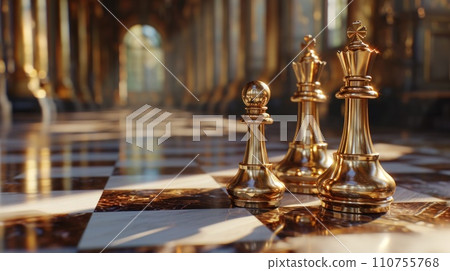 two golden chess pieces seated 110755768