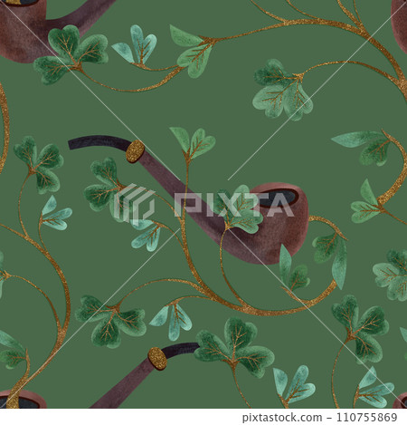 Seamless pattern with symbols of Ireland. Wrapping paper for St. Patrick's Day. Watercolor in vintage style on a green background. Seamless pattern with symbols of Ireland. Wrapping paper for St. Patrick's Day. Watercolor in vintage style on a green background. 110755869