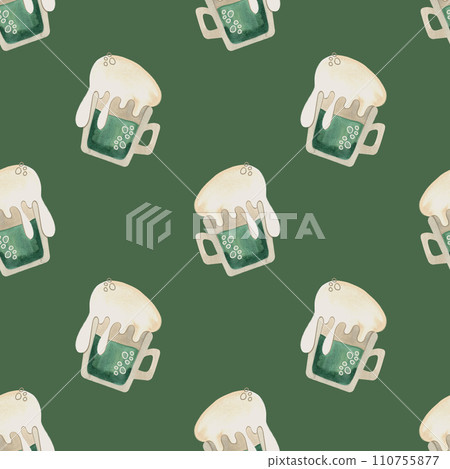 Seamless pattern with symbols of Ireland. Wrapping paper for St. Patrick's Day. Watercolor in vintage style on a green background. Seamless pattern with symbols of Ireland. Wrapping paper for St. Patrick's Day. Watercolor in vintage style on a green background. 110755877