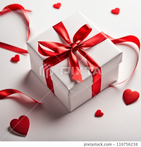 Gift box with craft paper and red ribbon. Two hearts and bokeh background. Valentine's Day Greeting Card. 110756238