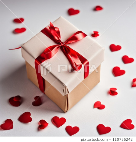 Gift box with craft paper and red ribbon. Two hearts and bokeh background. Valentine's Day Greeting Card. Gift box with craft paper and red ribbon. Two hearts and bokeh background. Valentine's Day Greeting Card. 110756242