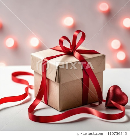 Gift box with craft paper and red ribbon. Two hearts and bokeh background. Valentine's Day Greeting Card. 110756243