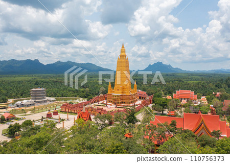 Wat Bang Thong, Krabi, Southern Temple. The pagoda is a buddhist temple in urban city town, Thailand. Thai architecture landscape background. Tourist attraction landmark. Wat Bang Thong, Krabi, Southern Temple. The pagoda is a buddhist temple in urban city town, Thailand. Thai architecture landscape background. Tourist attraction landmark. 110756373