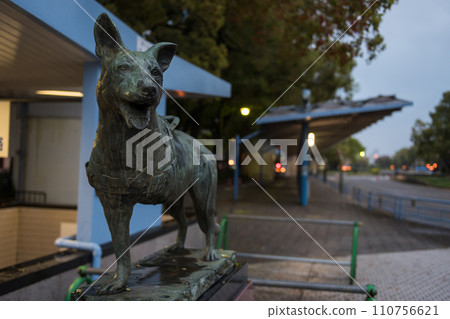 Guiding handicapped dog statue in Nagoya, Japan 110756621
