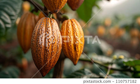 AI-generated content. Fresh yellow cocoa pods grow on tree. Group of red cocoa pods hanging on tree branch. Harvest the agricultural cocoa business produces.  110757182