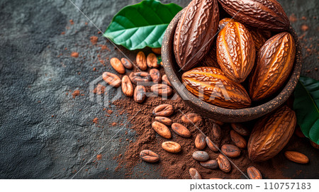 AI-generated content. Freshly picked cacao beans, cocoa powder and green leaves in wood plate in dark culinary table background, top view. AI-generated content. Freshly picked cacao beans, cocoa powder and green leaves in wood plate in dark culinary table background, top view. 110757183