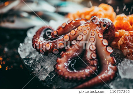 Fresh raw octopus on ice with fish and sea food Fresh raw octopus on ice with fish and sea food 110757265