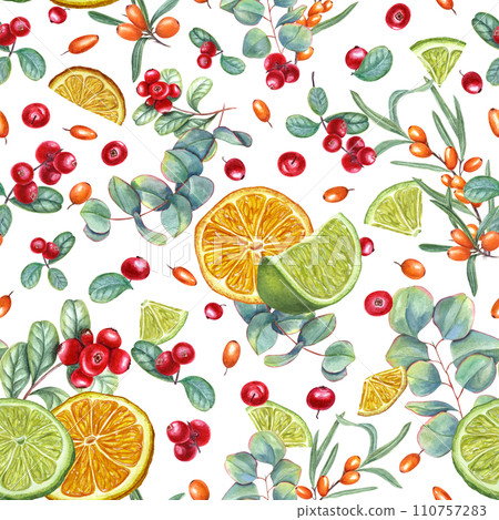 Bright seamless pattern with berries and fruits. Lime, orange slices, sea buckthorn, lingonberry, eucalyptus branch. Watercolor illustration for wrapping, poster, cosmetic design Bright seamless pattern with berries and fruits. Lime, orange slices, sea buckthorn, lingonberry, eucalyptus branch. Watercolor illustration for wrapping, poster, cosmetic design 110757283