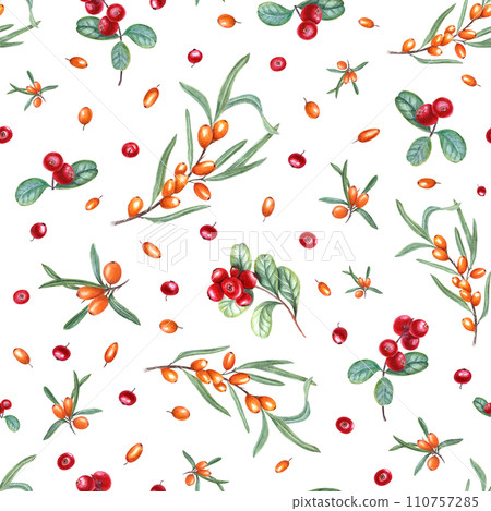 Watercolor seamless pattern of sea buckthorn branches and cowberries. Botanical illustration with orange, red berries, green leaves. For room decor, package, textile design 110757285