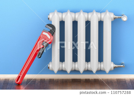 Cast iron heating radiator with pipe wrench in interior. Repair and service of heating, concept. 3D rendering Cast iron heating radiator with pipe wrench in interior. Repair and service of heating, concept. 3D rendering 110757288