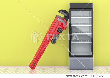 Service and repair of refrigerated display case. Glass Display Fridge with pipe wrench in interior, 3D rendering 110757289