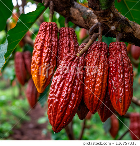 AI-generated content. Fresh yellow cocoa pods grow on tree. Group of red cocoa pods hanging on tree branch. Harvest the agricultural cocoa business produces.  110757335
