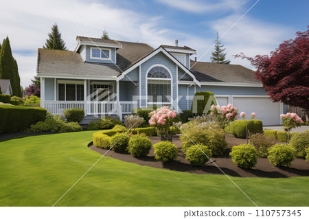 Luxury house with green lawn and backyard Luxury house with green lawn and backyard 110757345
