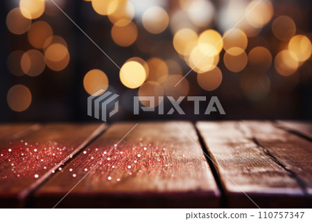 Empty wooden table with red hearts and bokeh lights. Background for Valentine's Day 110757347