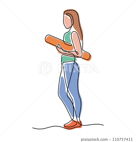 Woman standing with yoga mat vector illustration 110757411