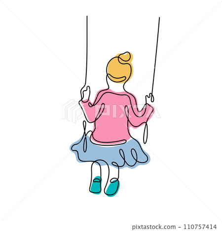 Little girl play on swings one line illustration 110757414