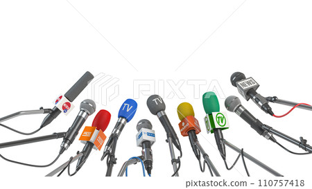Microphones of different mass media isolated on white. Press conference or interview concept. 110757418