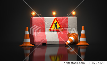Under construction web site design. Road sign on barrier with traffic cones indicated reconstruction or rebuilding process. 110757420