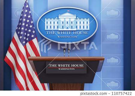 Briefing of president of US United States in White House. Podium speaker tribune with USA flags and sign of White House. Politics, president election concept. Briefing of president of US United States in White House. Podium speaker tribune with USA flags and sign of White House. Politics, president election concept. 110757422