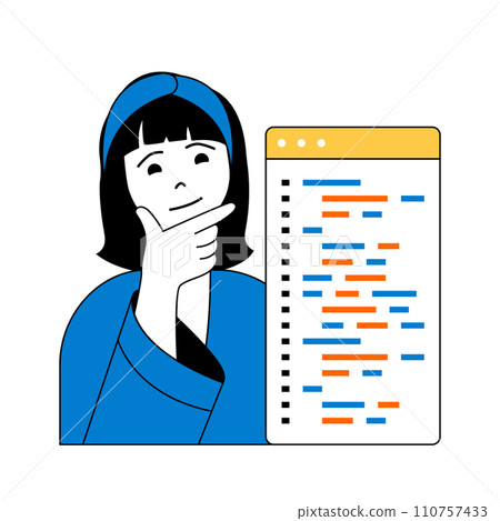 Virtual reality concept with cartoon people in flat design for web. Woman working with programming code at screen in augmented space. Vector illustration for social media banner, marketing material. Virtual reality concept with cartoon people in flat design for web. Woman working with programming code at screen in augmented space. Vector illustration for social media banner, marketing material. 110757433