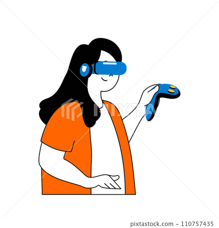 Virtual reality concept with cartoon people in flat design for web. Woman in VR headset and controllers playing online video games. Vector illustration for social media banner, marketing material. Virtual reality concept with cartoon people in flat design for web. Woman in VR headset and controllers playing online video games. Vector illustration for social media banner, marketing material. 110757435