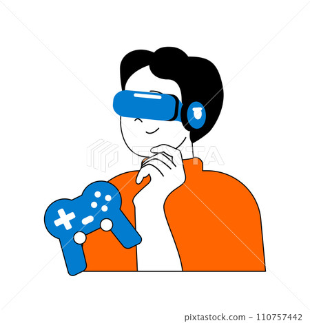 Virtual reality concept with cartoon people in flat design for web. Man in VR headset and joystick playing games with augmented space. Vector illustration for social media banner, marketing material. 110757442