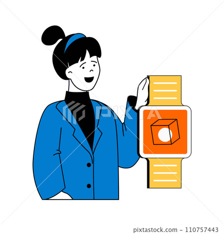 Virtual reality concept with cartoon people in flat design for web. Woman holds smart gadget with cube modelling display on screen. Vector illustration for social media banner, marketing material. Virtual reality concept with cartoon people in flat design for web. Woman holds smart gadget with cube modelling display on screen. Vector illustration for social media banner, marketing material. 110757443