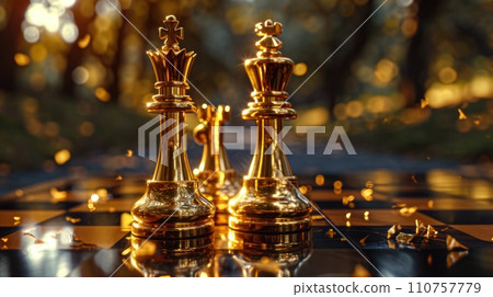 two golden chess pieces seated 110757779