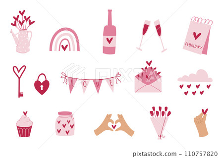 A set of Saint Valentines Day design elements. Love letter, wine, drinking glasses, calendar, padlock, key, hands holding hearts. 110757820