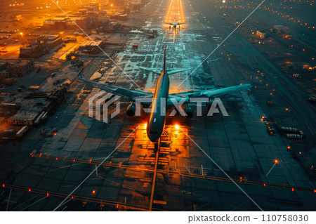 Aerial Nighttime Views of Airport Landing Strip 110758030