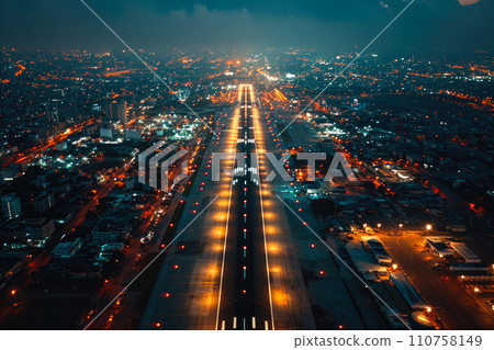Aerial Night Approach to Airport Runway Aerial Night Approach to Airport Runway 110758149