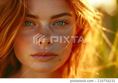 Nature's Canvas: Freckled Girl Bathed in Backlight 110758232