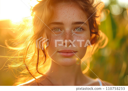 Freckled Elegance: Enchanting Backlit Portrait Outdoors 110758233