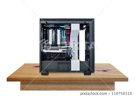 Hi-performance custom computer desktop put on vintage wooden table Hi-performance custom computer desktop put on vintage wooden table 110758319