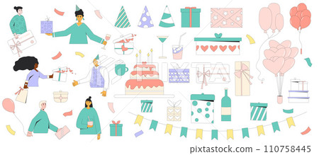 Birthday party accessories set. Anniversary celebration people portrait and objects. Holiday event characters cake and presents. Collection of friends, balloons drinks and confetti gift card Birthday party accessories set. Anniversary celebration people portrait and objects. Holiday event characters cake and presents. Collection of friends, balloons drinks and confetti gift card 110758445