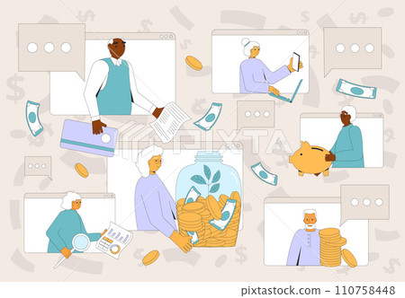 Retirement financial plans and literacy for older adults. Senior people with moneybox. Savings. Family budget. 110758448
