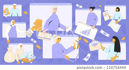Financial literacy. Save money. People with . moneyboxes, capital elements and analysis symbol. Budgeting life. Vector illustration. 110758449