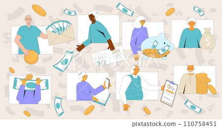 Elderly people with money. Retirement financial literacy for older adults. Savings, invest and family budget. Vector illustration. 110758451